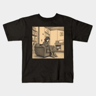 Lonely woman reading book in room Kids T-Shirt